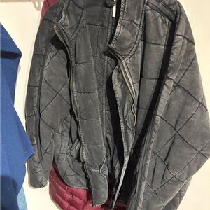 Free People Quilted Bomber Jacket in Charcoal Gray with Gold Zipper